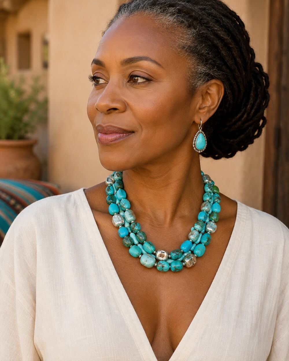 Genuine Turquoise Multi Strand Nugget Statement Necklace Southwestern